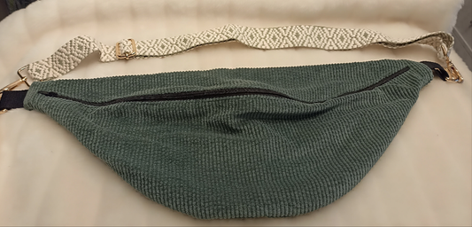 Sac banane XL velours kaki et sa sangle blanche et kaki