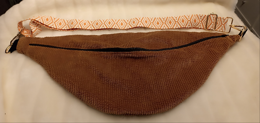 Sac banane XL, velours marron et sa sangle orange
